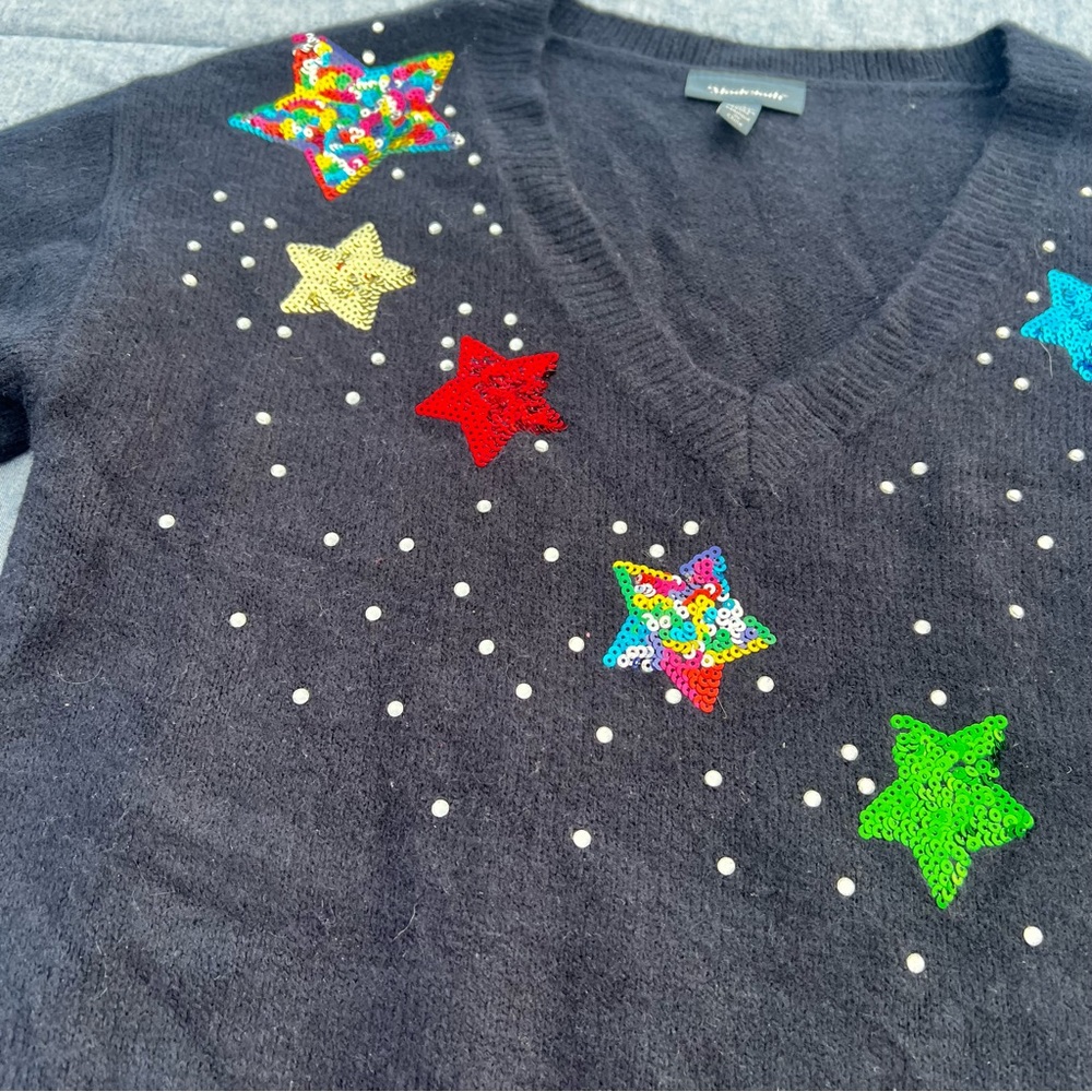 ModCloth Navy V-Neck Festive Sequined Star Knit Sweater Size Small